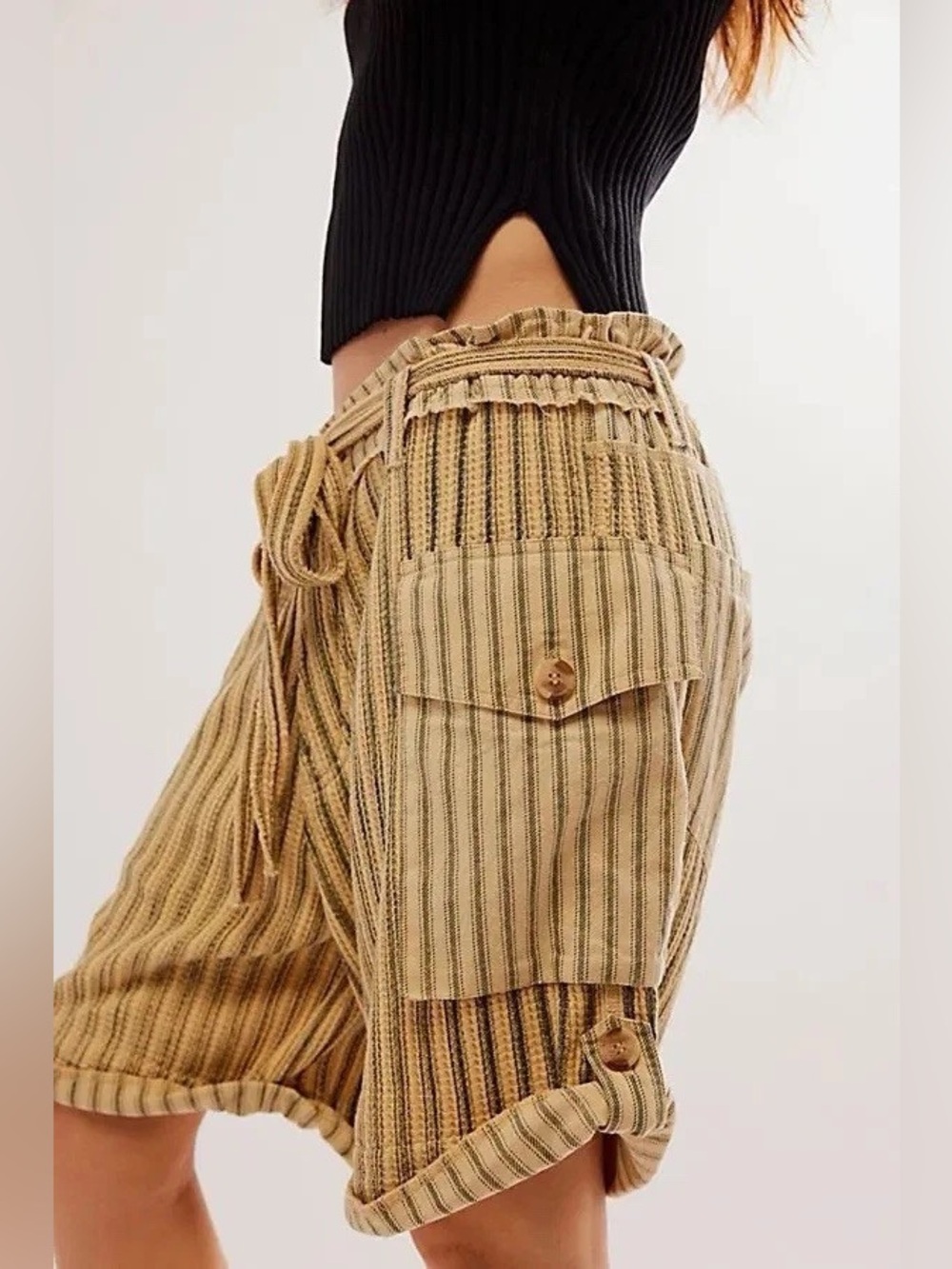 FP One Free People Striped Paperbag Shorts Tan Black Boho Cotton Waffle Small - Picture 4 of 14